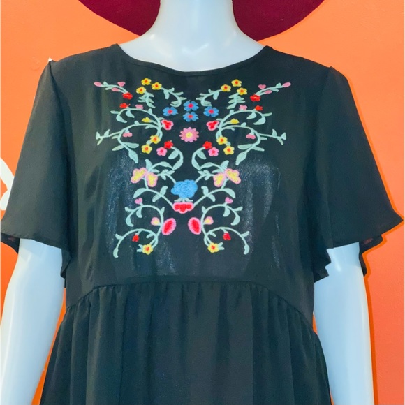 Little Black Dress with Flutter Sleeves & Embroidery - Picture 3 of 7